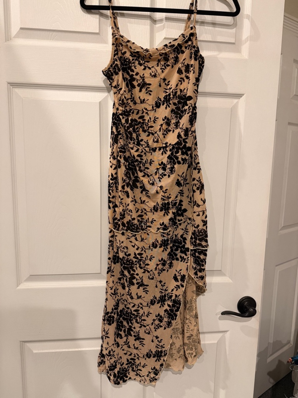 SHEIN Beige Dress with Black Floral Burnout Asymmetrical Slip
